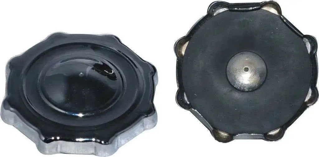 Motorcycle fuel tank cap, black circular with silver center and side tabs