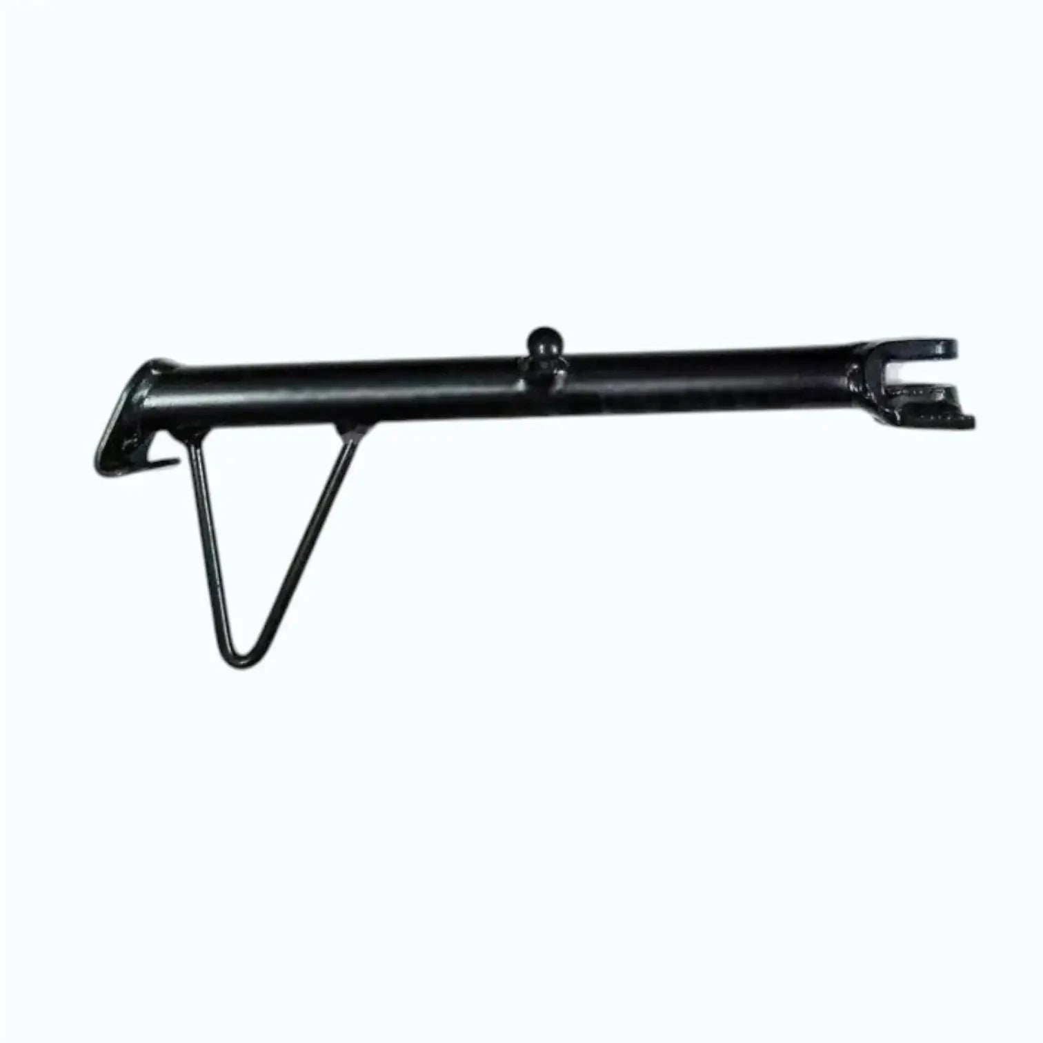Black motorcycle side stand with long bar, top mount, and V-shaped foot