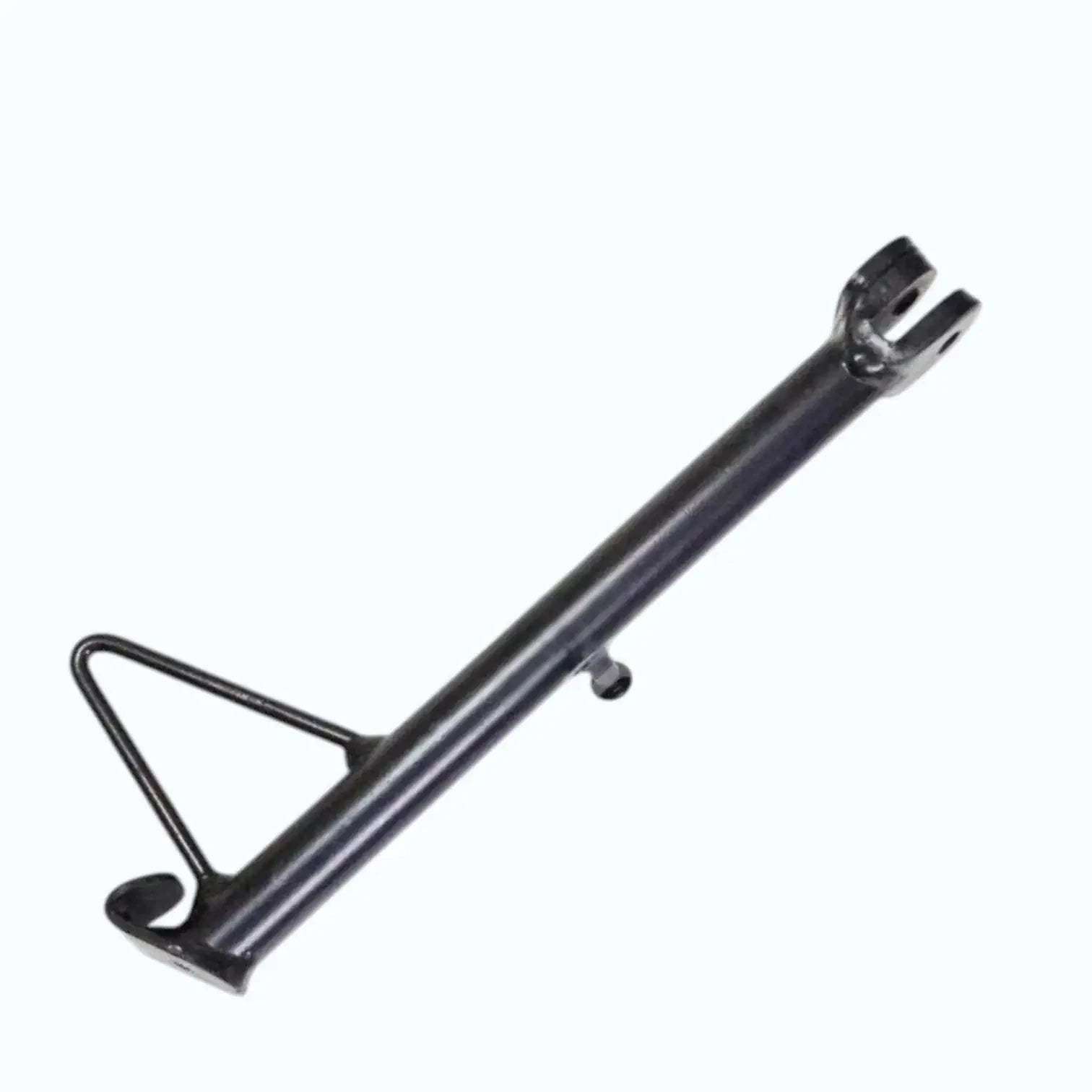 Black motorcycle side stand with curved lower brace and top mounting fork