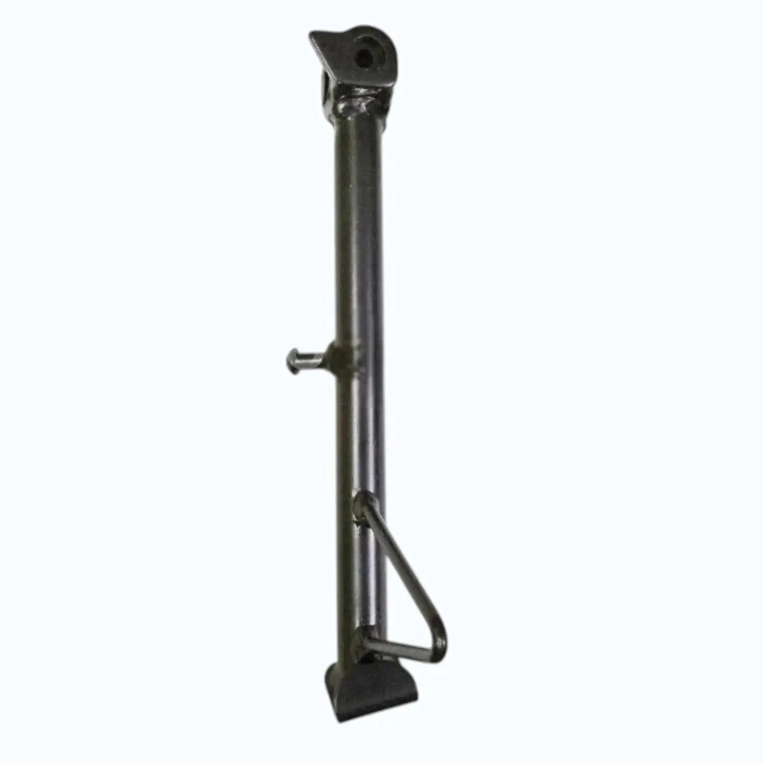 Black motorcycle side stand with base plate and side support arm