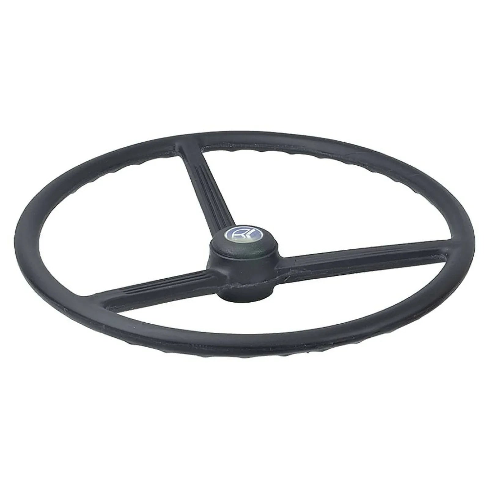 Black wheel steering, durable plastic, 15-inch diameter, ideal for tractors and heavy equipment