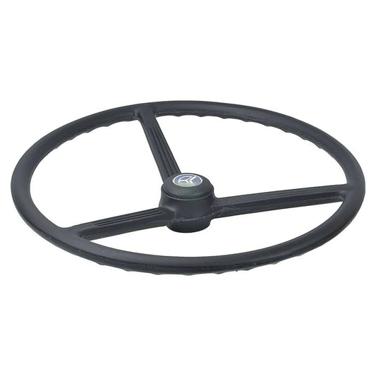Black wheel steering, durable plastic, 15-inch diameter, ideal for tractors and heavy equipment