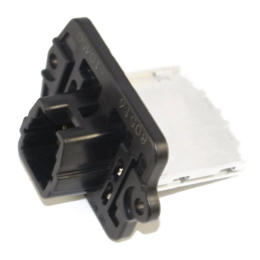 Heater blower fan resistor module with black plastic housing and two metal terminals