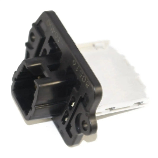 Heater blower fan resistor module with black plastic housing and two metal terminals