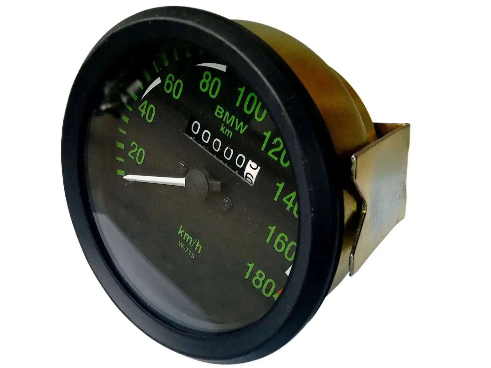 Round black speedometer gauge with green km/h scale up to 180, mounting bracket on side