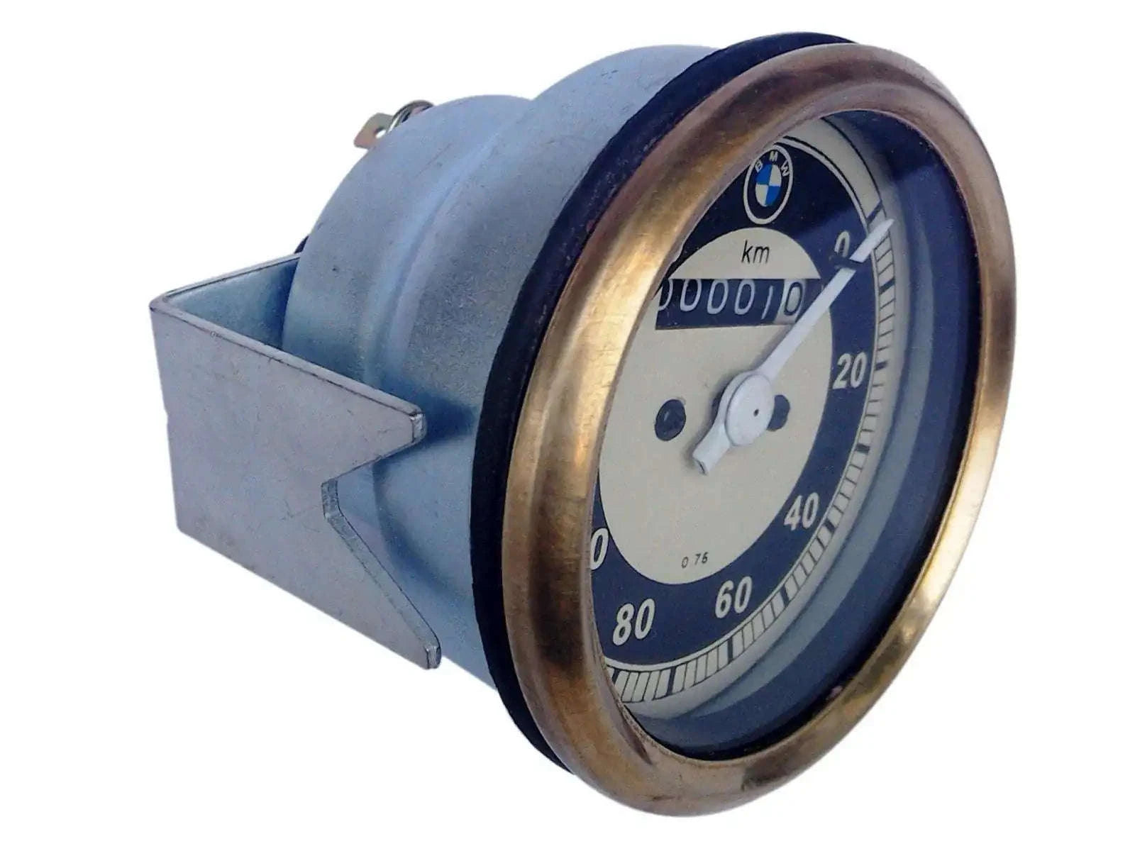 Brass-bezel speedometer with blue face, BMW logo, and km/h scale