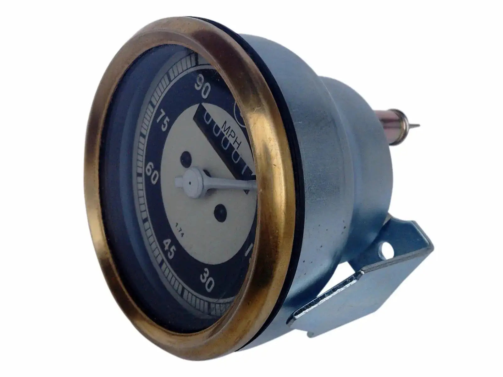 BMW speedometer gauge with dark face, brass bezel and mounting bracket