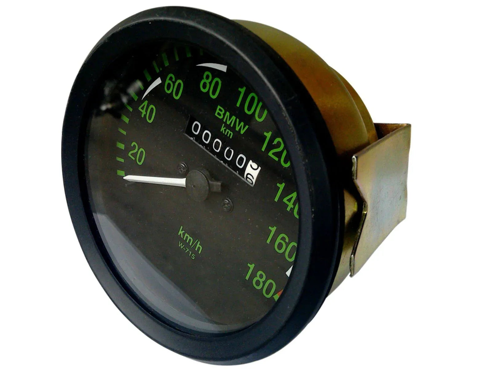 Round black speedometer gauge with green km/h scale up to 180, mounting bracket on side