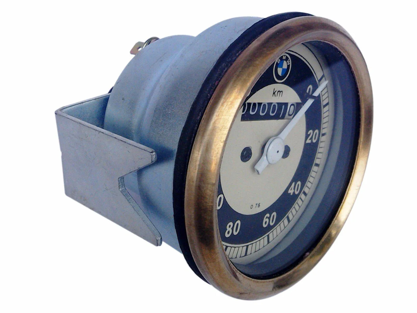 Brass-bezel speedometer with blue face, BMW logo, and km/h scale