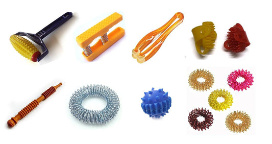 Acupressure massage tool kit with roller, palm exerciser, finger massagers, spiky rings