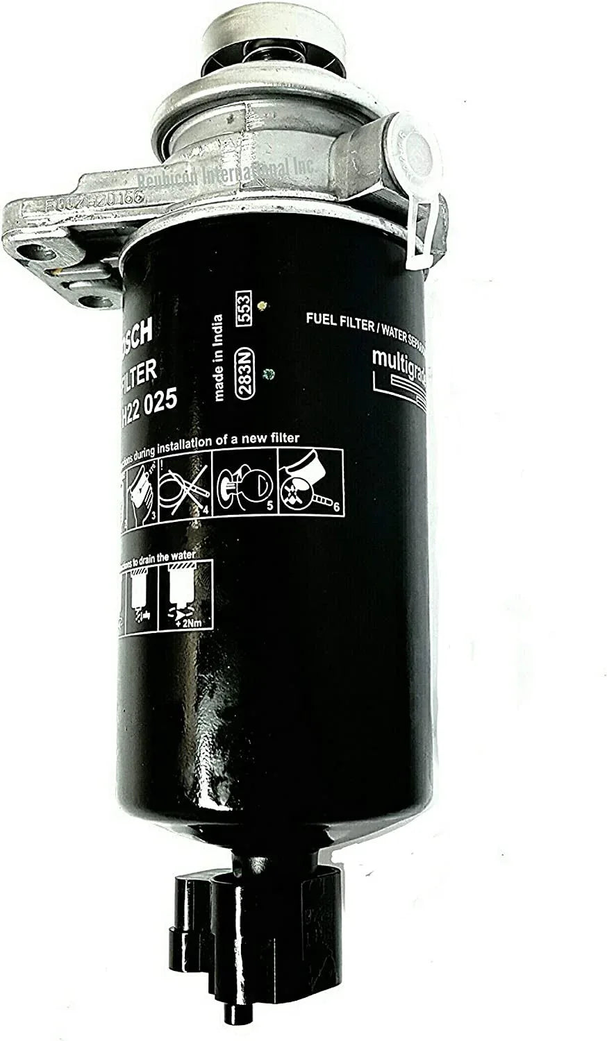 Fuel filter with head and water level sensor, durable design for efficient filtration in tractors