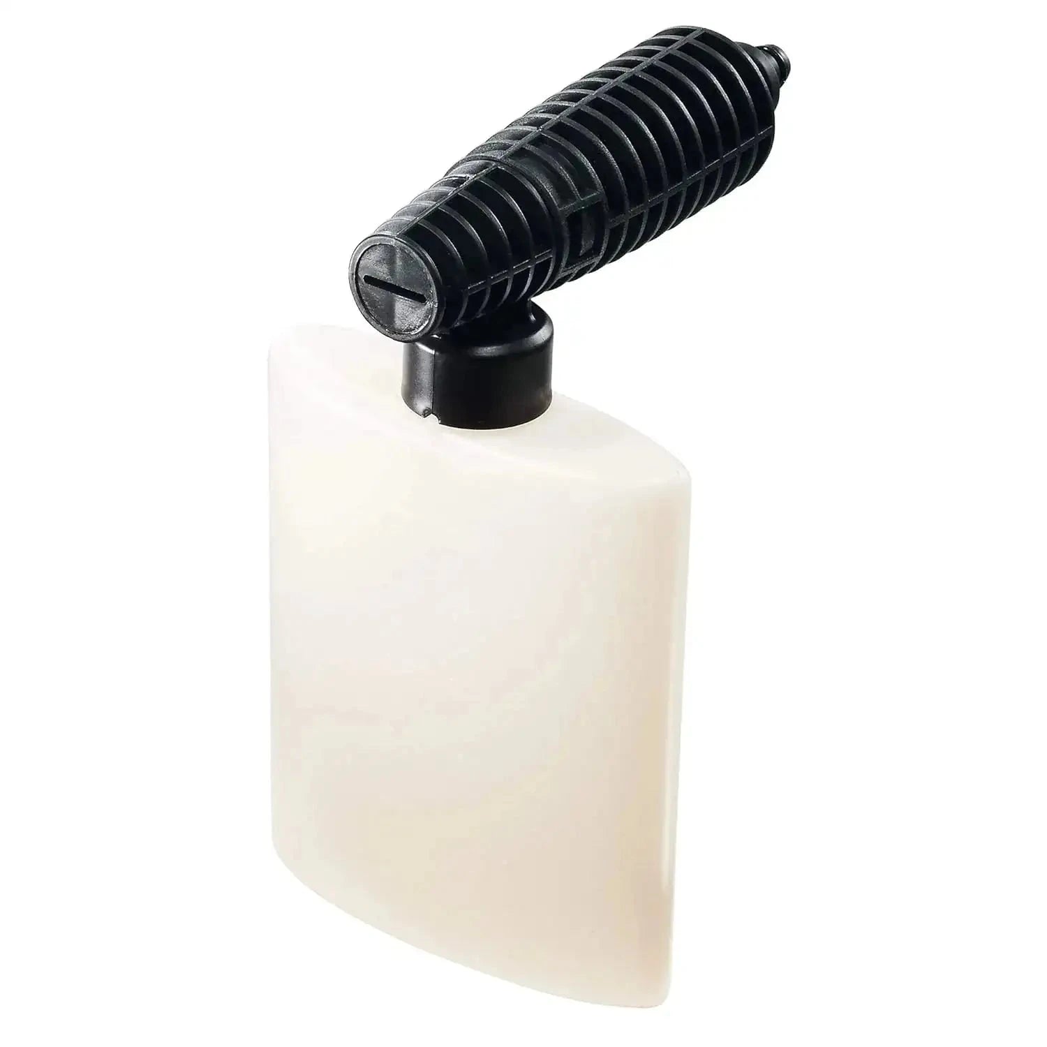 Detergent nozzle attachment with black ribbed handle and white bottle reservoir