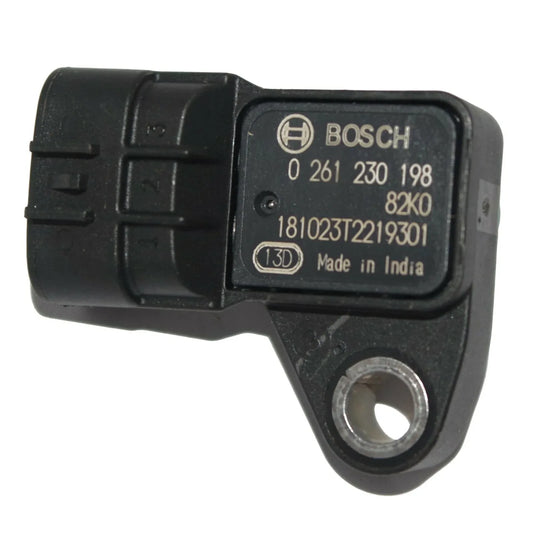 Black Bosch MAP sensor with mounting hole and part number 0 261 230 198