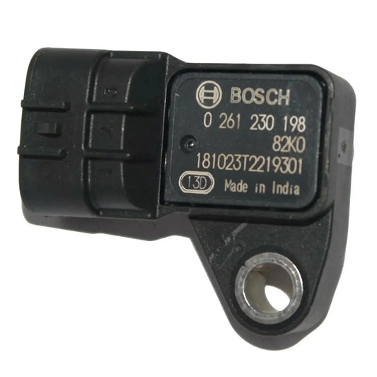 Black Bosch MAP sensor with mounting hole and part number 0 261 230 198
