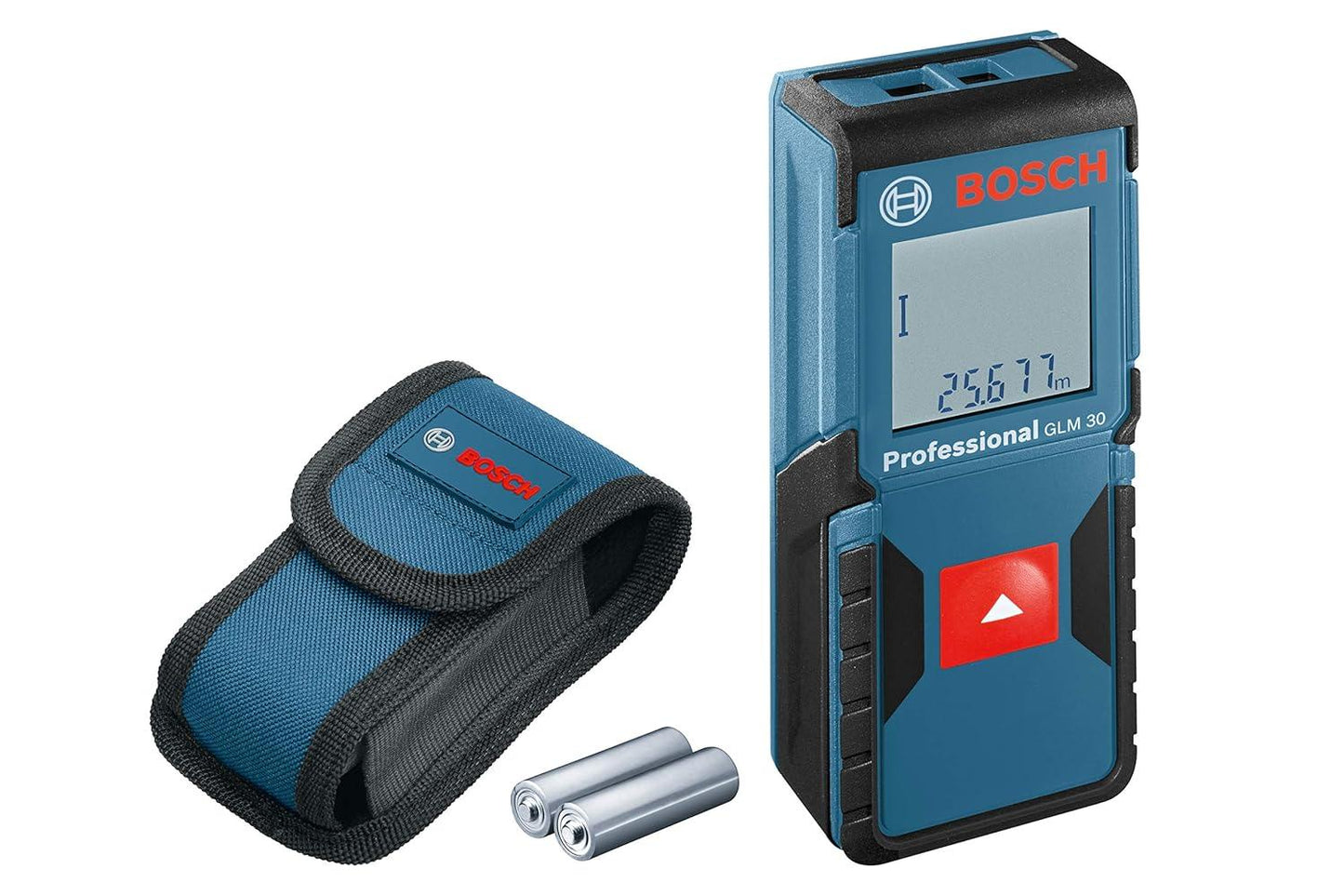 Bosch laser distance meter with display, red button and blue carrying pouch