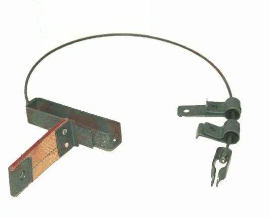 Left-hand parking brake cable assembly with metal brackets and release latch