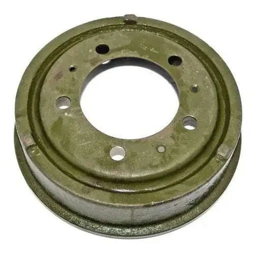 Brake drum, olive-green steel with bolt holes and center opening