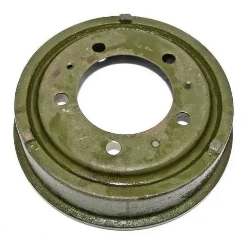 Brake drum, olive-green steel with bolt holes and center opening