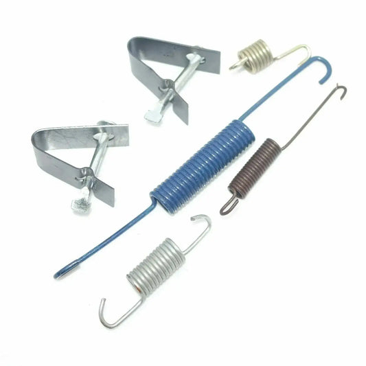 Rear drum brake shoe spring kit with blue and silver coil springs and clips