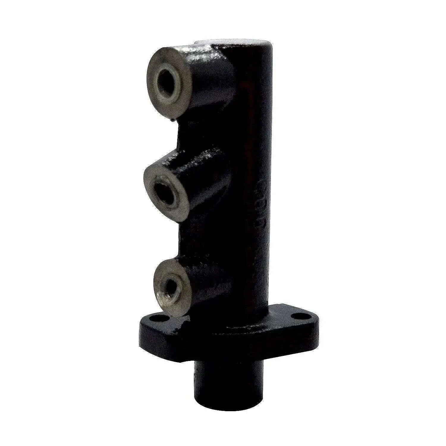 Black metal brake master cylinder with two ports and mounting flange