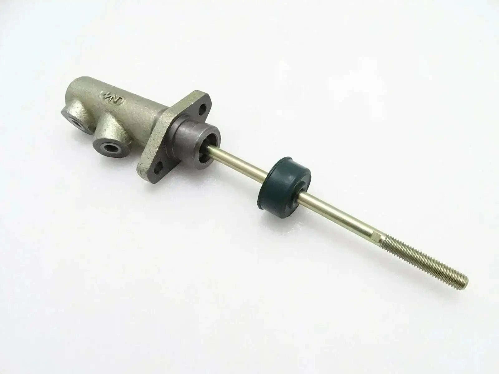 Brake master cylinder with mounting flange and threaded rod, silver metal and green rubber boot