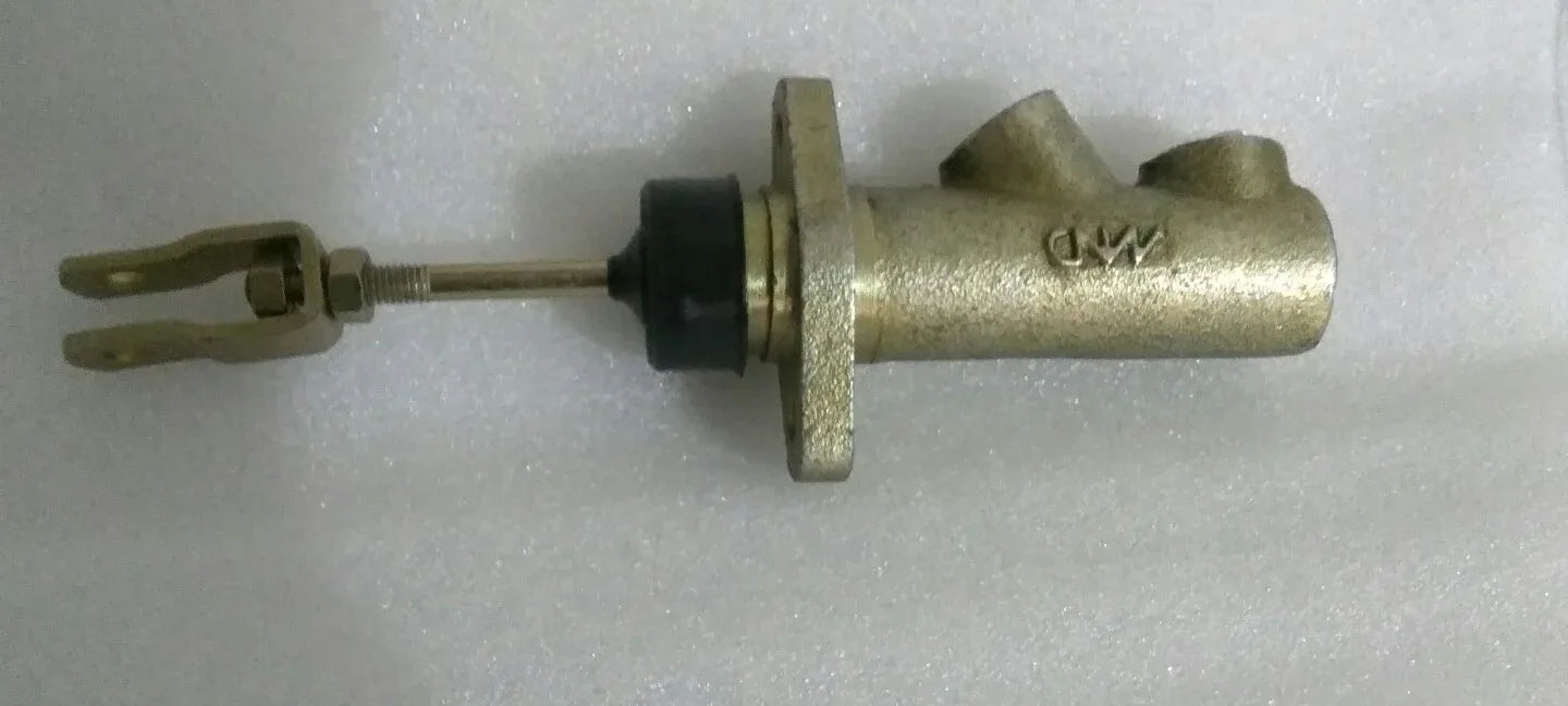 Brake master cylinder with metal body, flange mount, and black rubber boot
