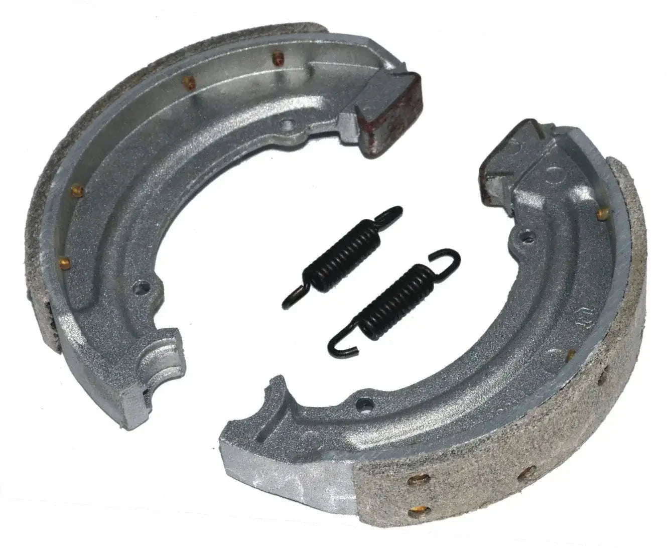 Front brake shoe pads pair with springs, gray curved metal shoes