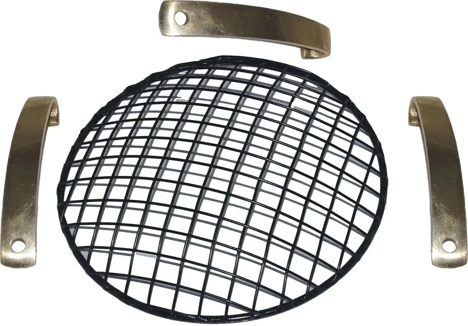 Steel headlight grill with black mesh and metallic brackets for vehicle protection