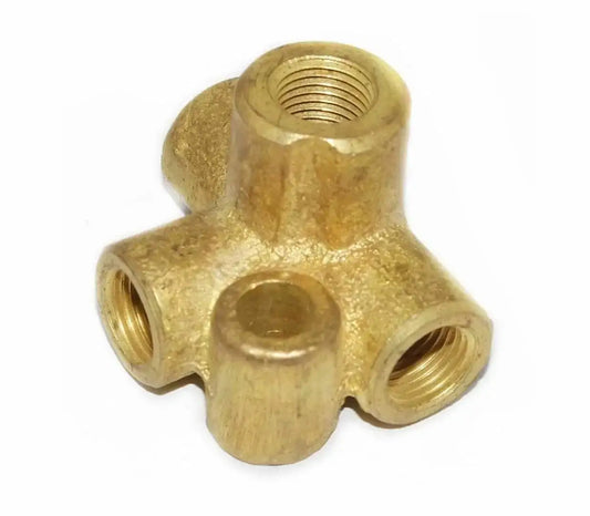 Brass 4-way T union pipe connector with threaded ports, metal fitting