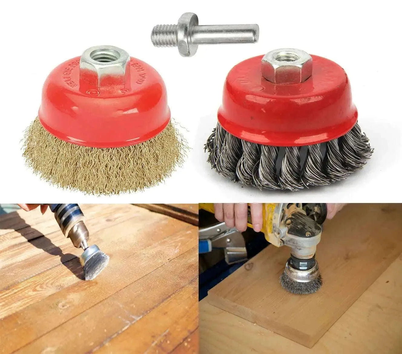 Brass wire cup brush with M10 threaded stem for rust removal