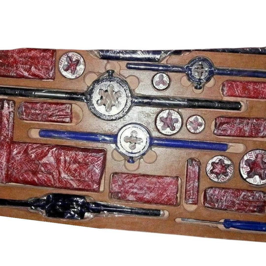 British Standard Fine tap and die set in a storage tray with various tools