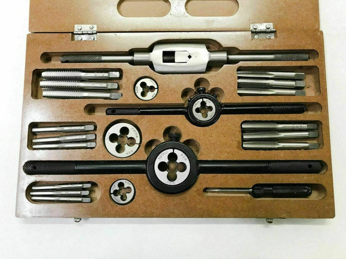 British Whitworth tap die set kit with various taps and dies in a case