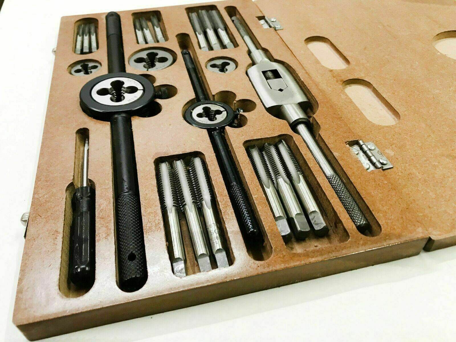 British Whitworth tap die set kit with precision tools in wooden case for threading and repairs