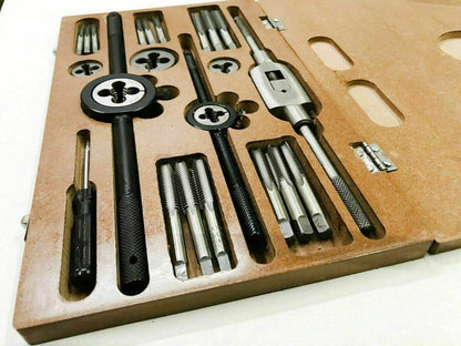 British Whitworth tap die set kit with precision tools in wooden case for threading and repairs