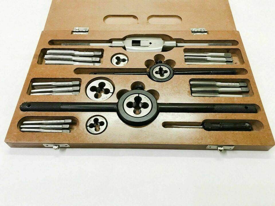 British Whitworth tap die set kit with various taps and dies in a wooden storage case