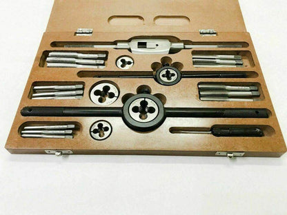 British Whitworth tap die set kit with various taps and dies in a wooden storage case
