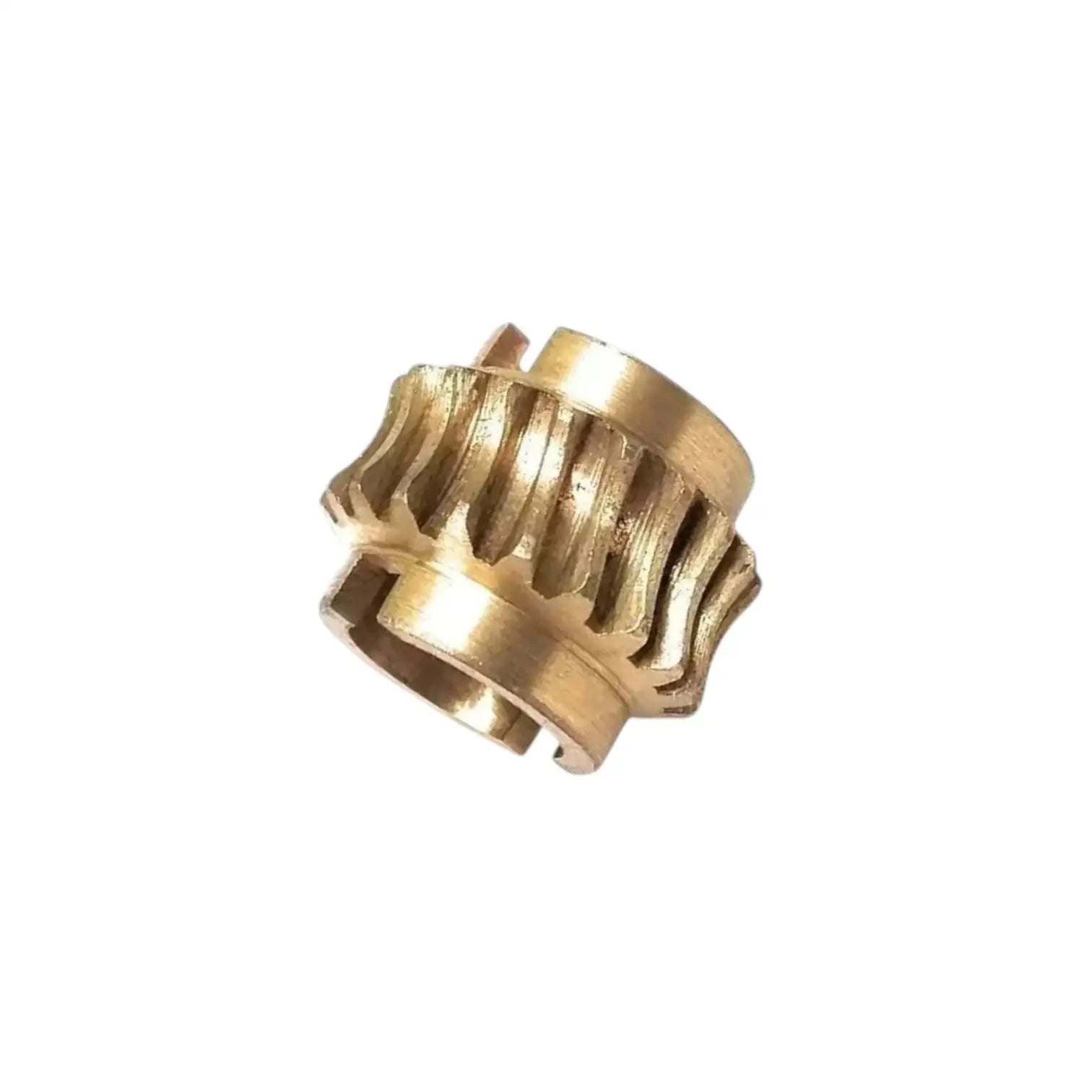 Bronze metal gear with ridged teeth and rectangular side cutouts
