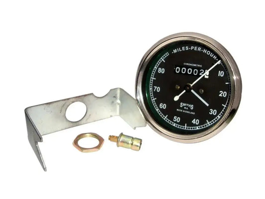 Round 0–80 mph motorcycle speedometer gauge with black dial and chrome bezel, bracket