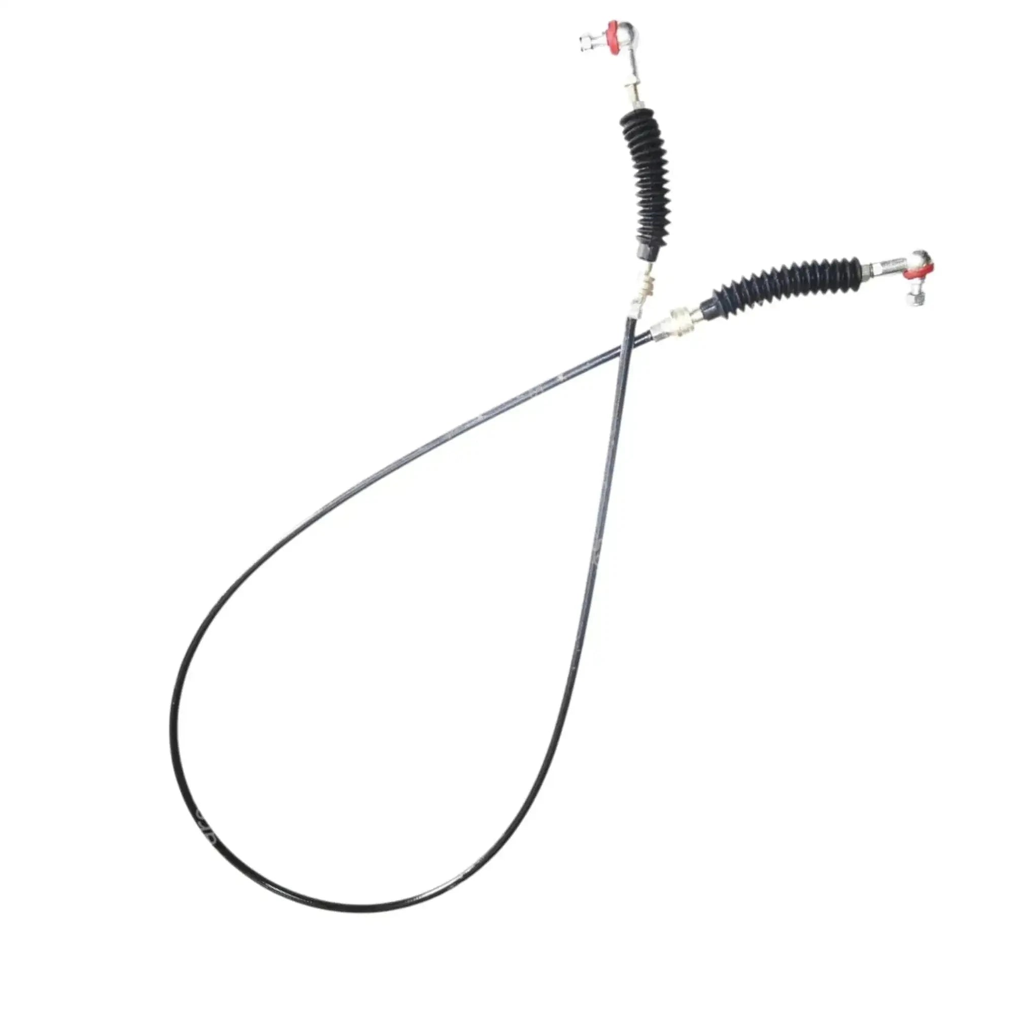 Cable lock assembly with long black cable, metal rods, and red-capped terminals