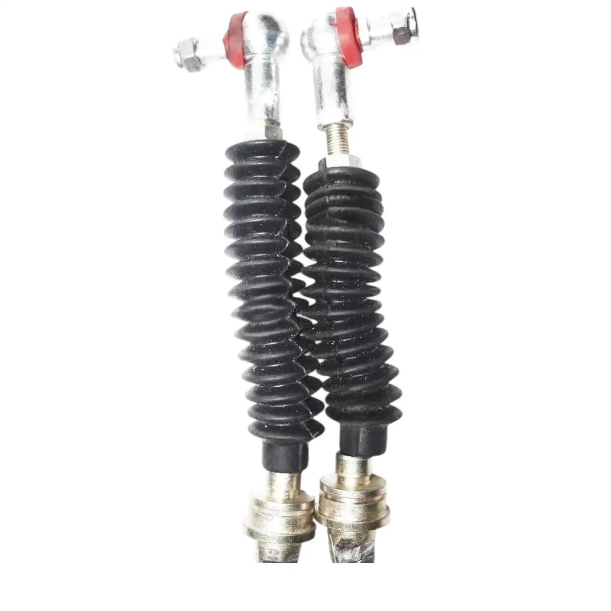 Cable lock assembly with two black spring-like boots and metal connector ends