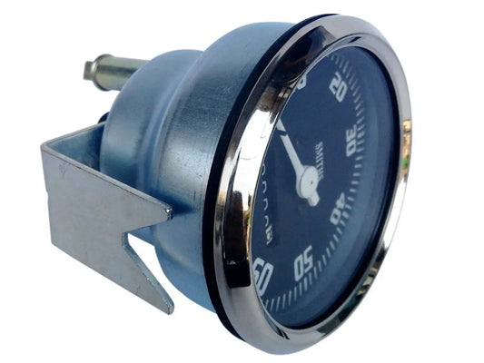 Blue speedometer gauge with chrome bezel and mounting bracket