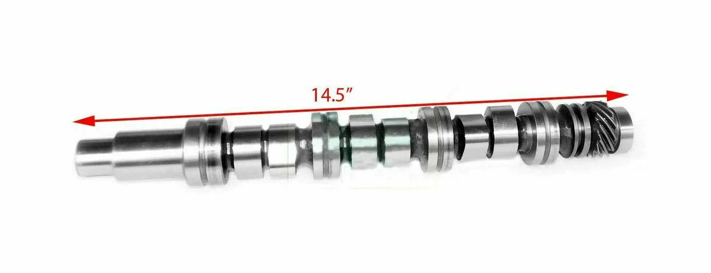 Metal engine camshaft shaft with lobes, length marked 14.5 in