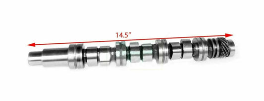 Metal engine camshaft shaft with lobes, length marked 14.5 in