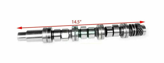 Metal engine camshaft shaft with lobes, length marked 14.5 in