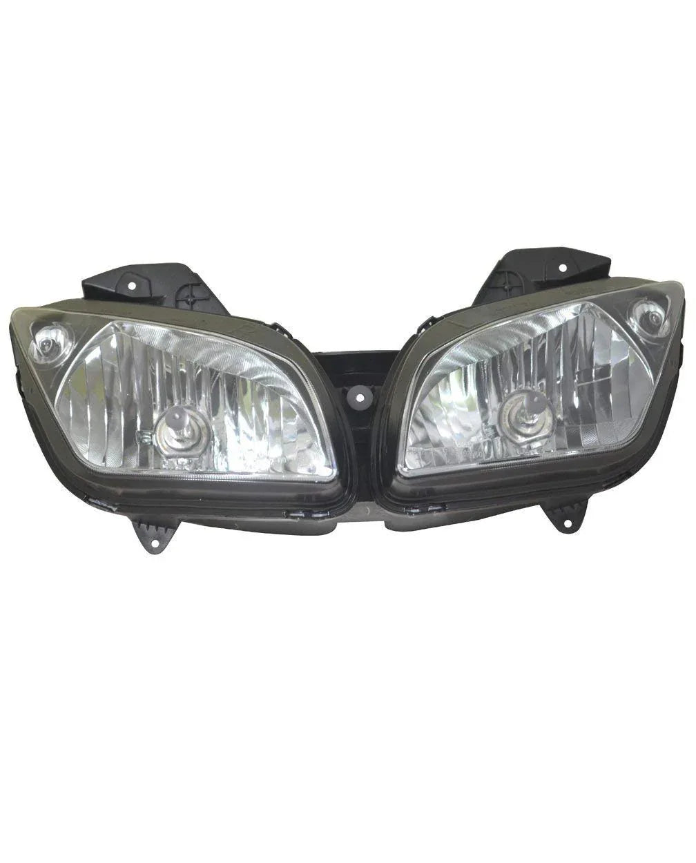 Motorcycle headlight assembly with clear lenses and dark housings