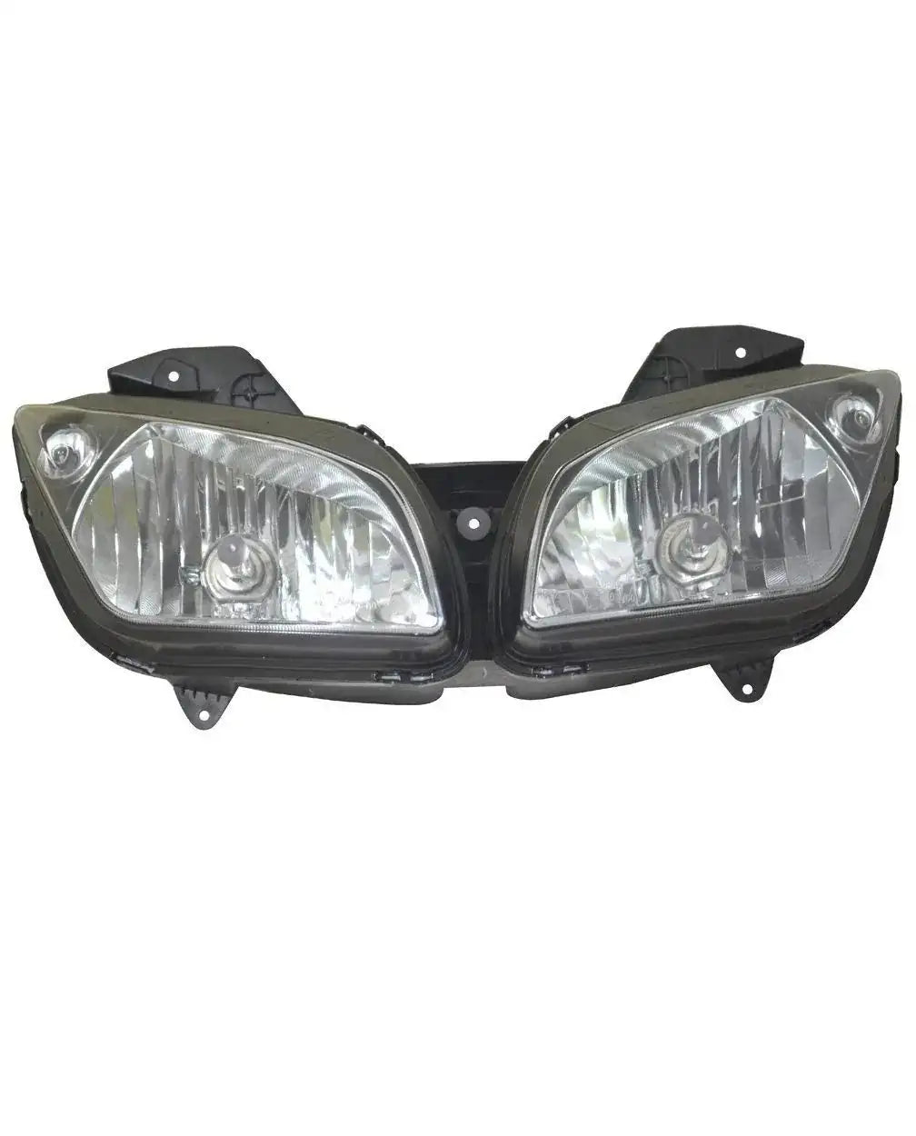 Motorcycle headlight assembly with clear lenses and dark housings
