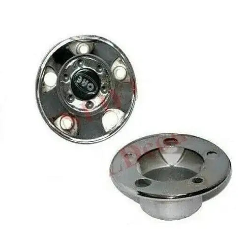 Steel wheel hub cap cover pair, round chrome finish with center bolt holes
