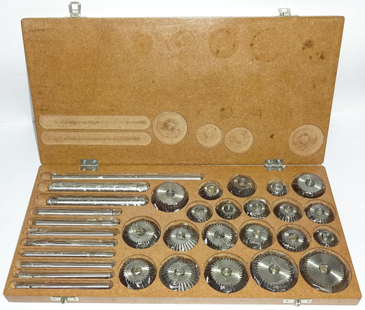 21-piece valve seat and face cutter set in a wooden case, essential for precision automotive machining, car insurance for vintage cars