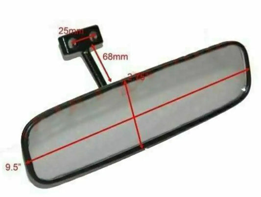 Rearview center mirror with rounded rectangular gray glass and black frame
