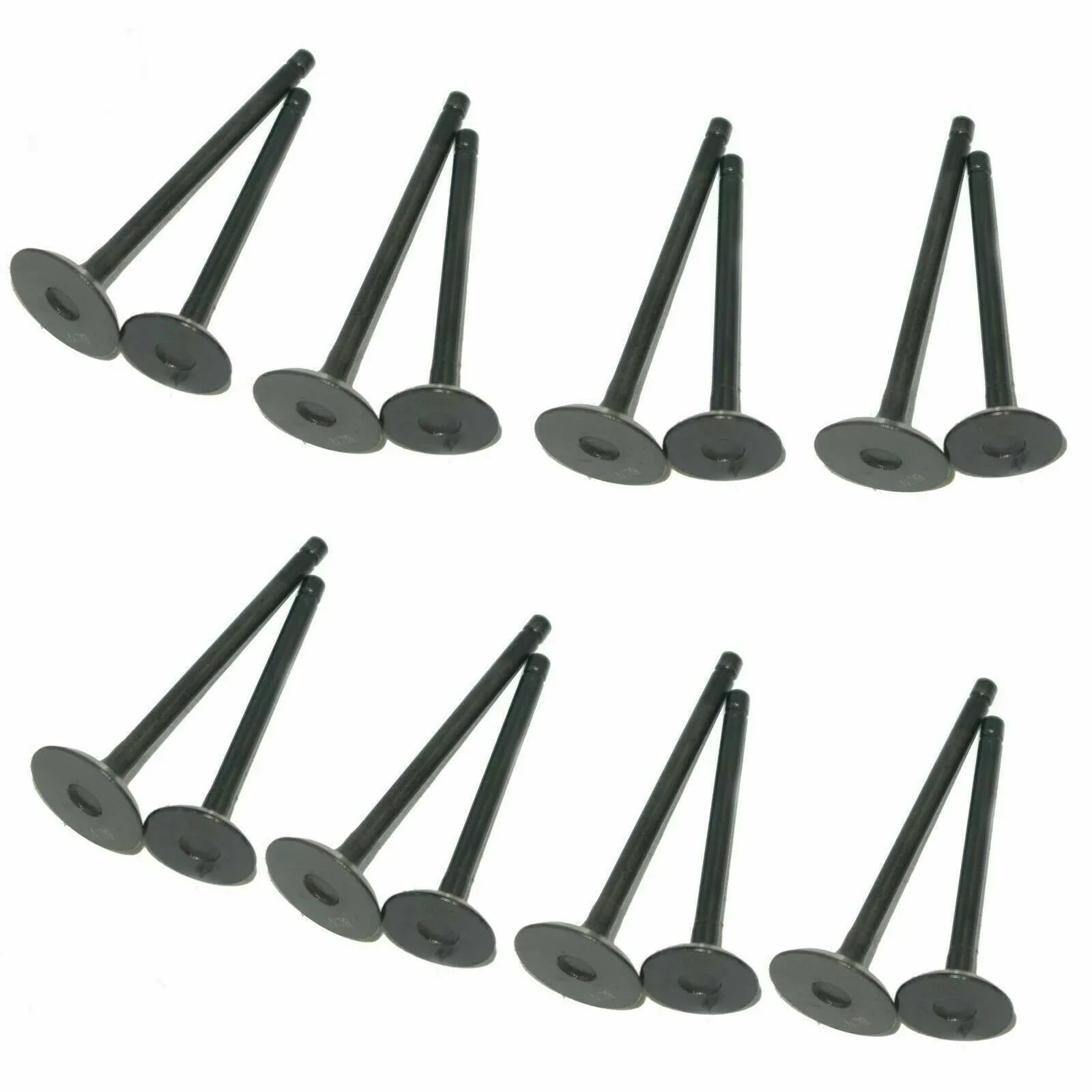 Engine intake and exhaust valve set with metal disc heads and long stems